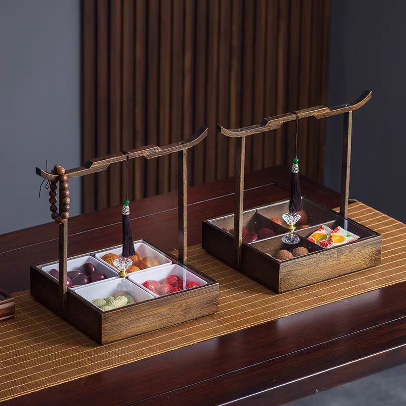 新中式实木四宫格零食盒创意茶点盘客厅茶几实木点心分格盘四宫格