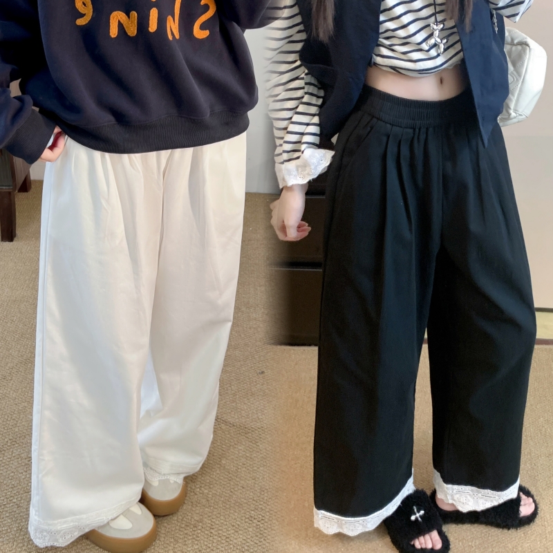 早秋2025年新款设计感高腰蕾丝花边拼接裤子胖mm显瘦松紧腰阔腿裤