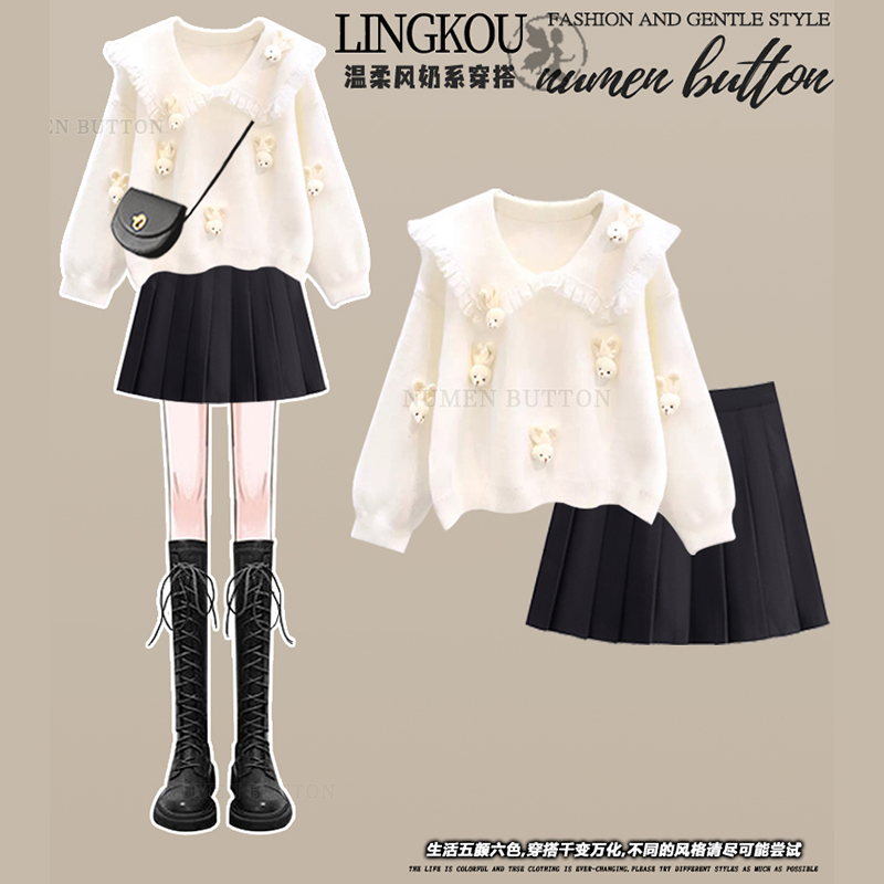 秋季穿搭一整套女2025新款设计感翻领毛衣搭配显瘦百褶短裙两件套