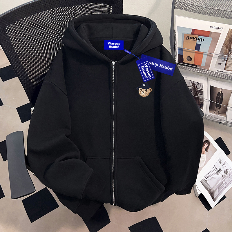 WASSUP HSUBE美式复古小熊连帽开衫卫衣潮牌宽松男女秋冬百搭上衣
