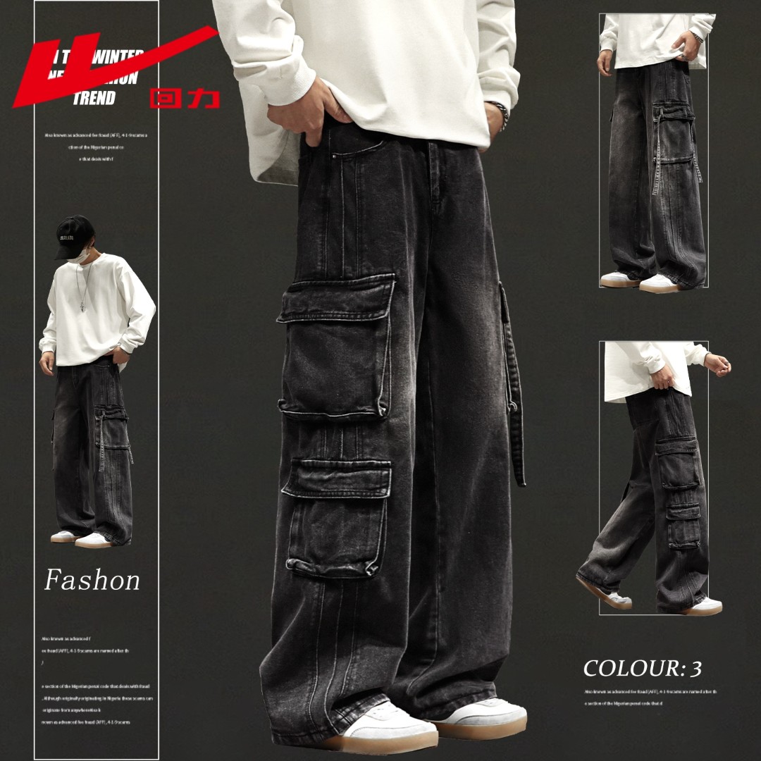 回力多口袋户外工装牛仔裤男款秋冬季新款宽松直筒百搭阔腿长裤子