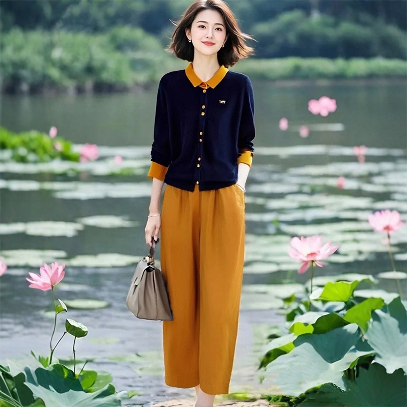 超好看搭配针织衫撞色翻领上衣外套套装2026春秋长袖阔腿裤两件套