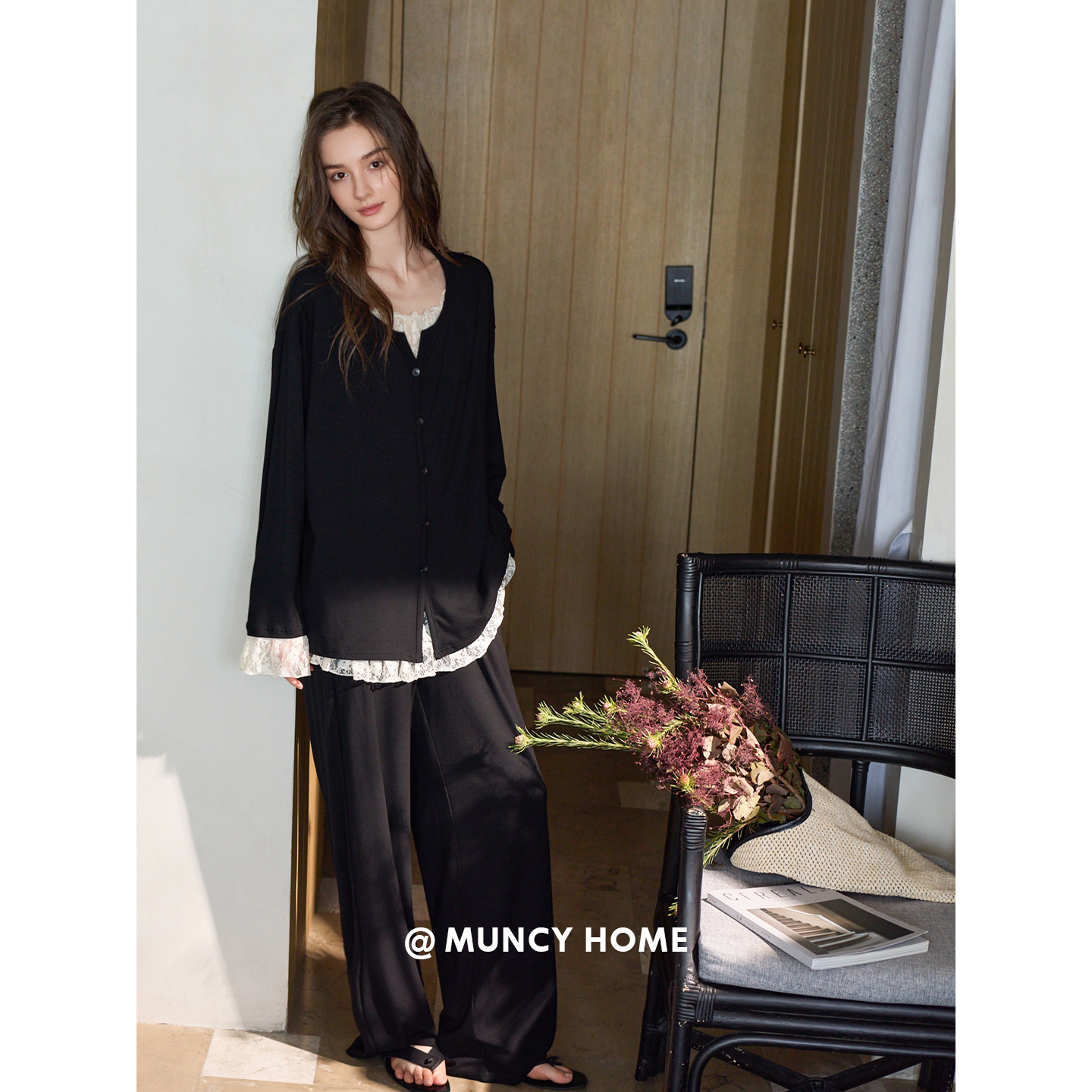 曼系“气质拉满”柔软棉睡衣女春秋假两件蕾丝长袖宽松显瘦可外穿