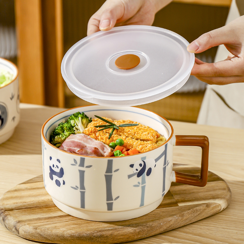 川岛屋熊猫带盖泡面碗大号汤碗陶瓷汤面碗家用2024新款高颜值餐具