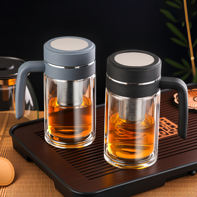 茶水杯双层高硼硅玻璃杯带把模型公室水杯大容量茶水分离泡茶杯子