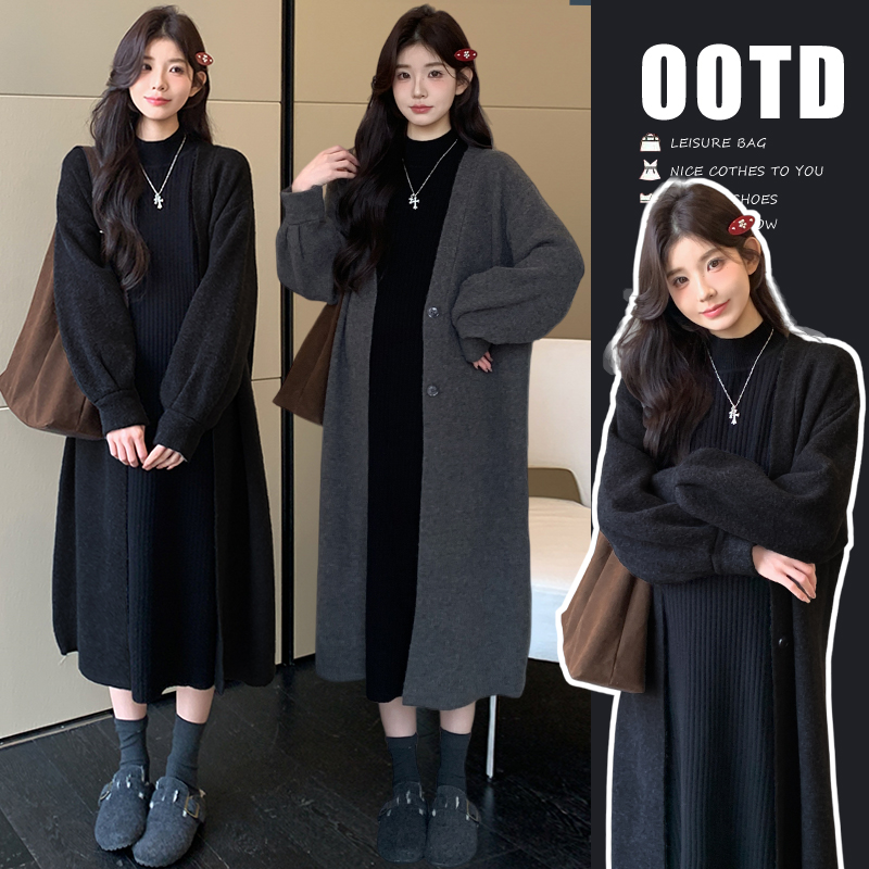 孕妇套装2025新款韩版厚实软糯外套百搭超显瘦针织打底裙两件套