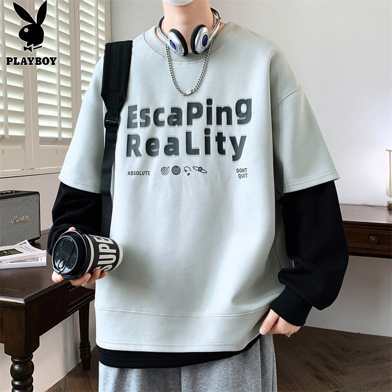 花花公子假两件卫衣男春秋款2025新款长袖t恤男字母印花体恤衫