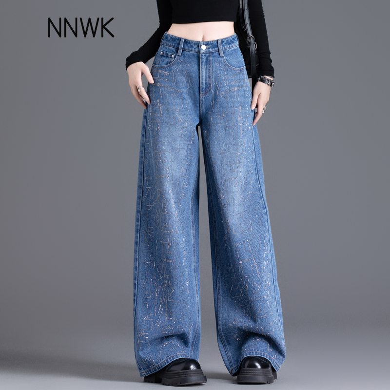 满天星烫钻垂感牛仔裤女爆款2025春秋新款水洗显瘦宽松直筒阔腿裤