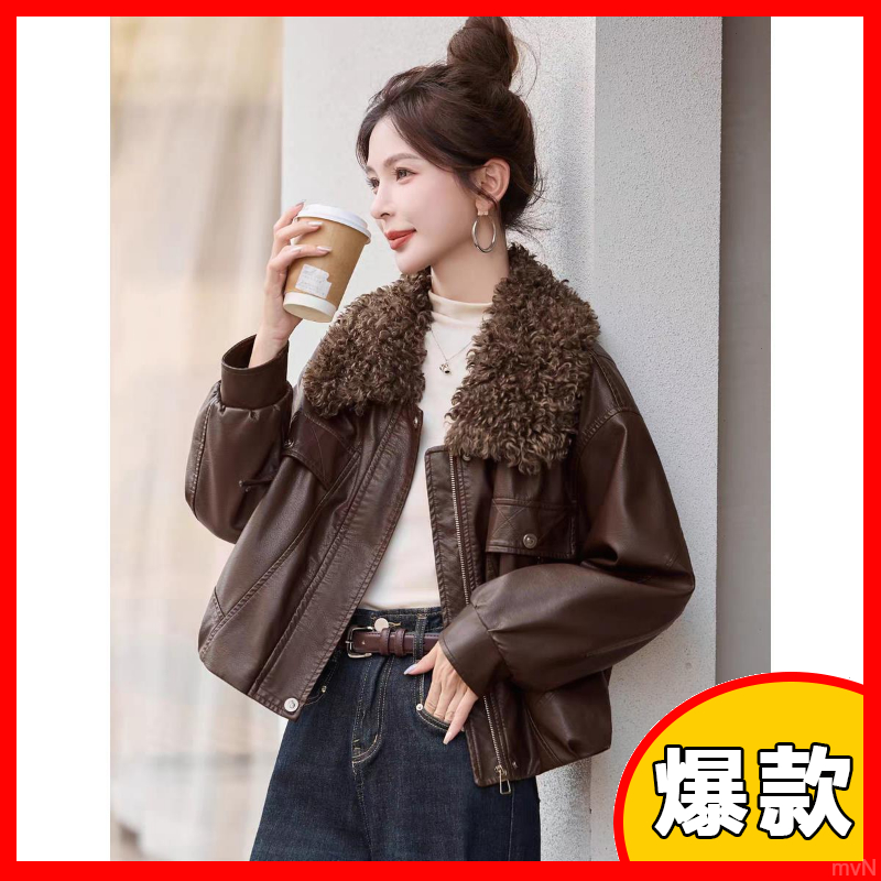 【海宁皮衣】短款毛领秋冬加绒皮衣外套女防风保暖时尚酷飒皮夹克