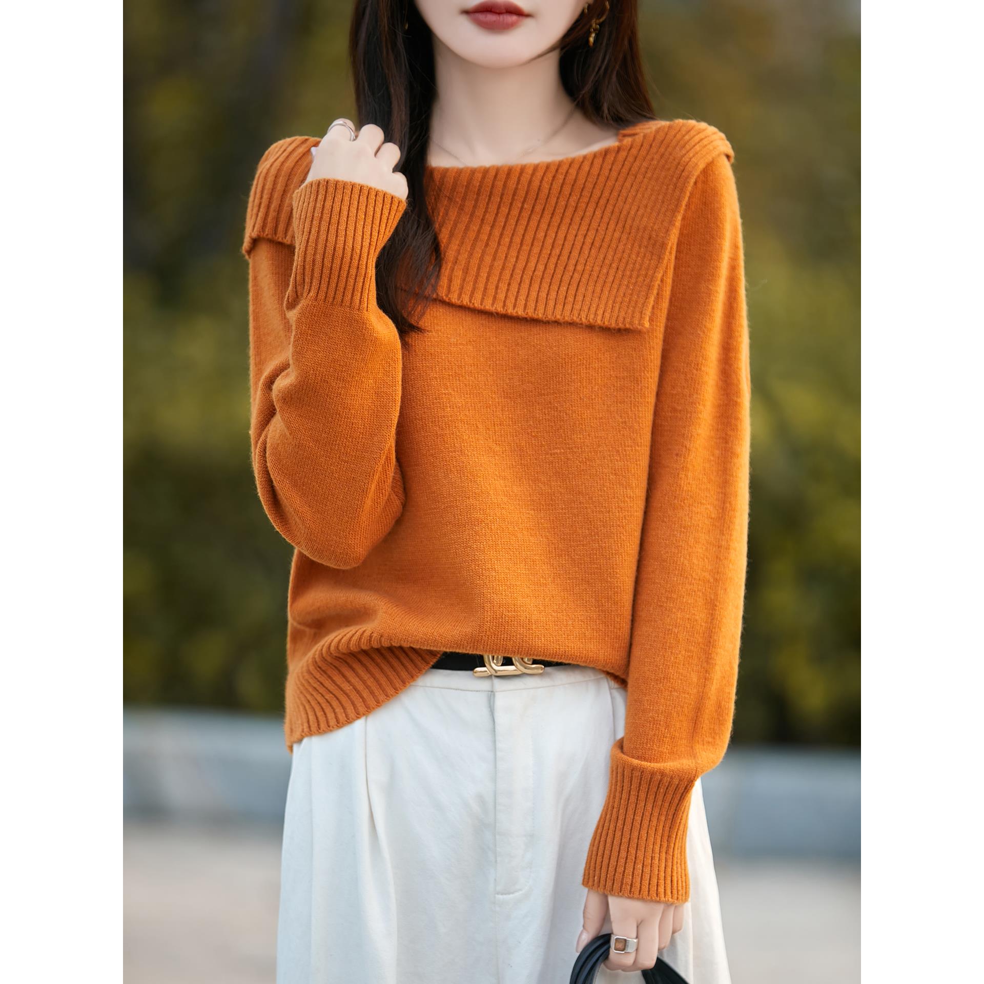 .一字领不对称肩毛衣女秋冬松弛感时髦宽松长袖内搭针织打底衫上.