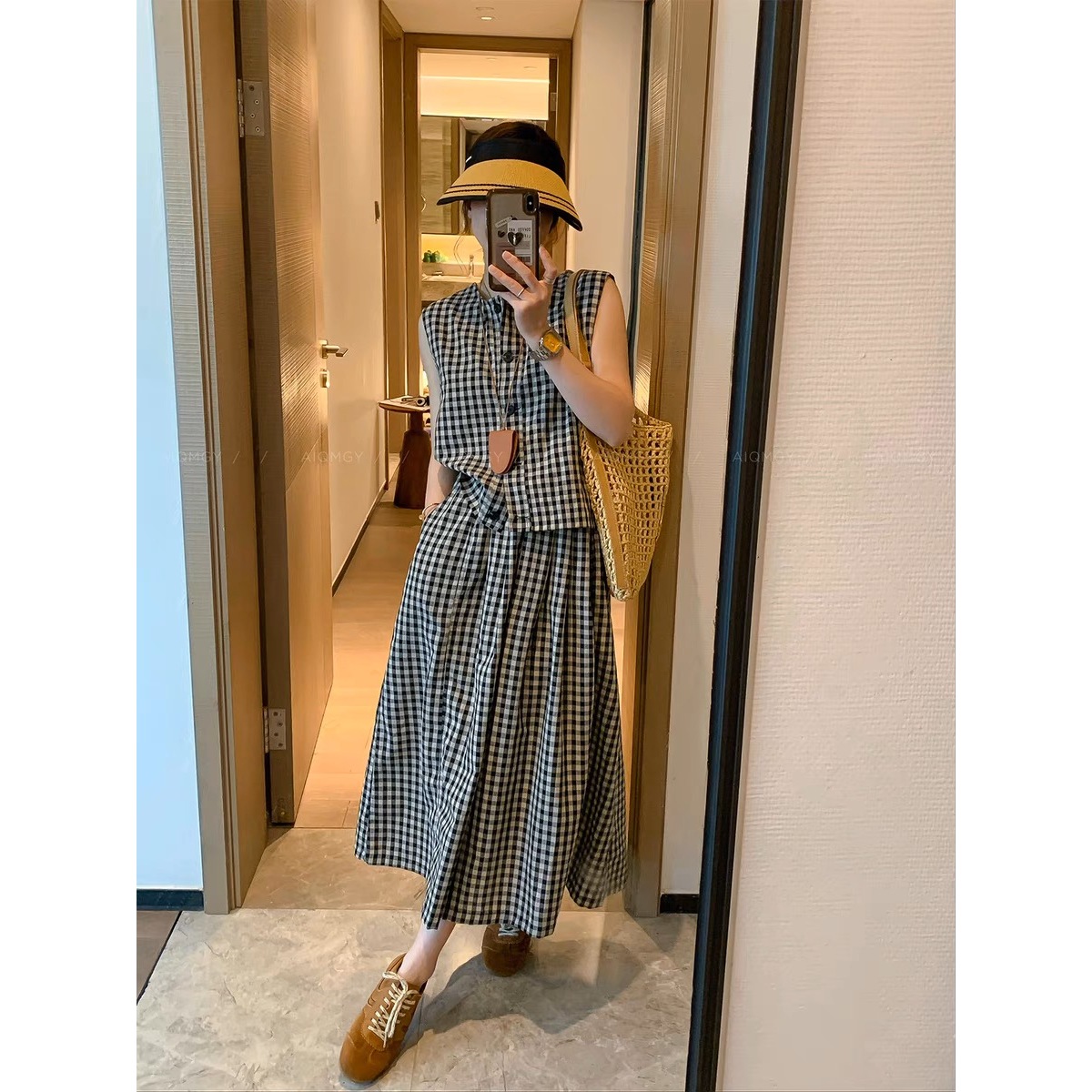 （有一点宅）黑白格子两件套装女2025夏季新款午休上衣+半身裙T219