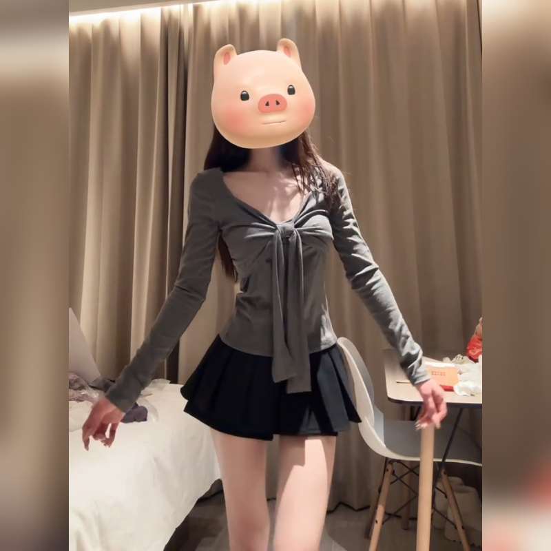 梦优莱设计感小众蝴蝶结长袖T恤女春秋冬季独特漂亮褶皱打底上衣