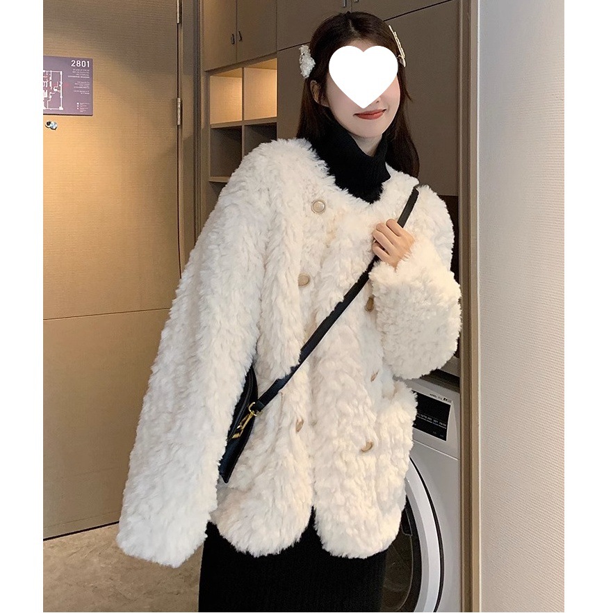小香风羊羔毛外套女冬季新款小个子宽松加厚白色毛毛上衣棉服
