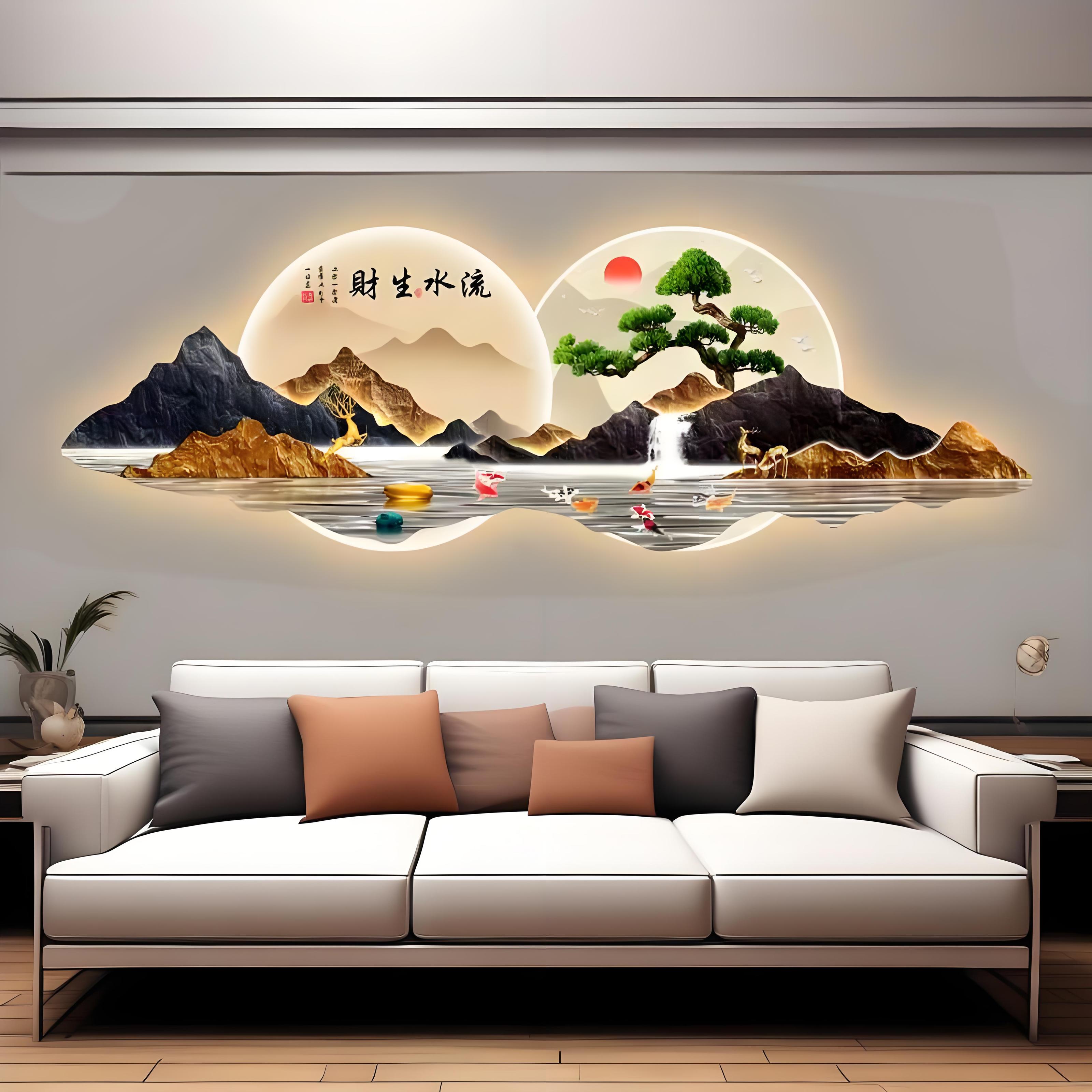 新中式流水生财客厅沙发装饰画茶室个性壁画中式山水时尚艺术挂画