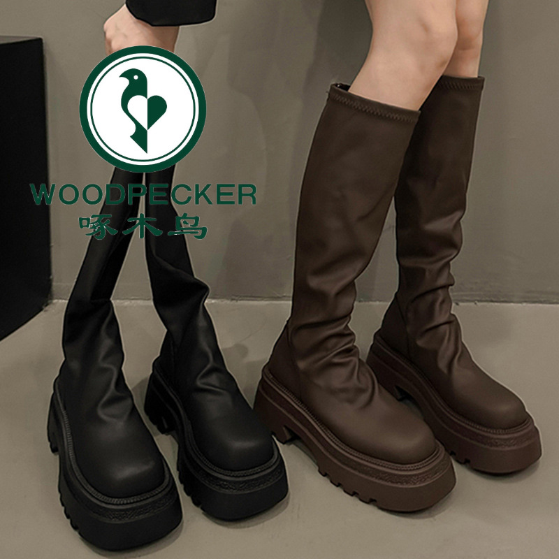 啄木鸟不过膝长筒靴女2025新款弹力显瘦瘦靴小个子厚底高筒骑士靴