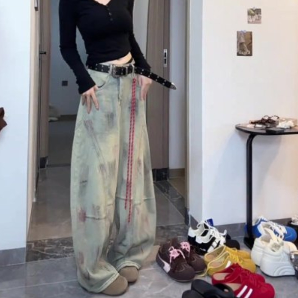 美式复古做旧时髦拖地裤女2025秋季新款泥染做脏弯刀高个子牛仔裤