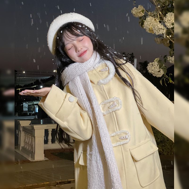 温柔奶黄毛呢外套女2025冬季新款减龄牛角扣中长款学院风呢子大衣