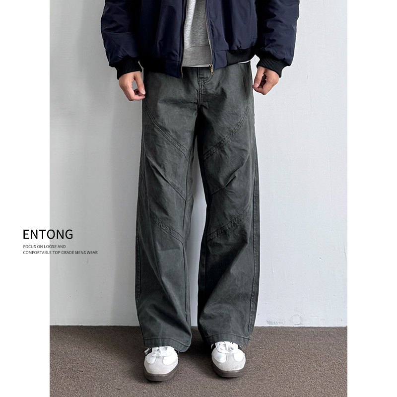 Entong美式复古水洗做旧直筒工装裤男款秋季宽松休闲百搭解构长裤