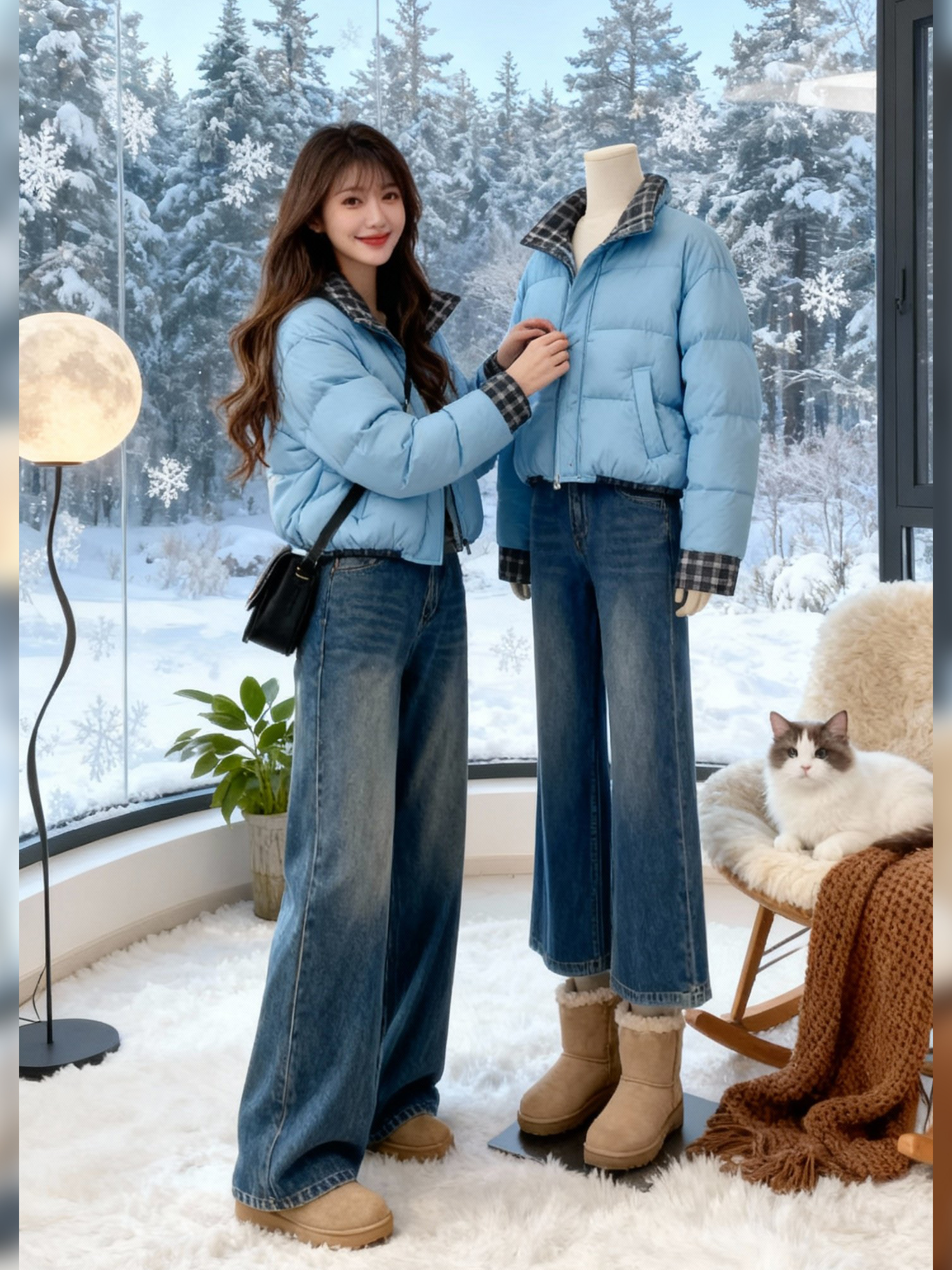 2025新款巨好看的加厚蓝色短款夹棉洋气棉服外套女款冬季保暖棉袄