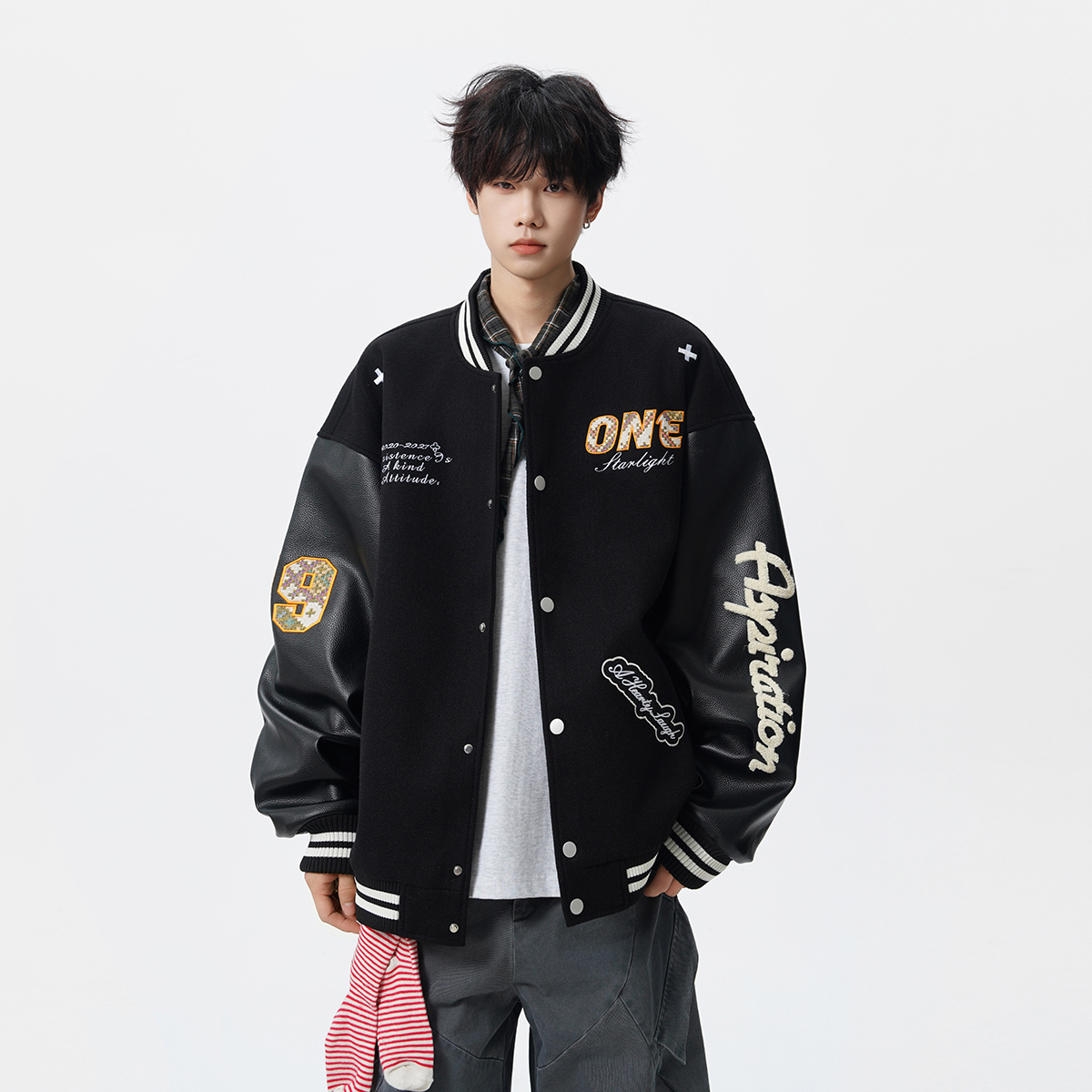 秋冬季休闲国潮情侣美式编织贴布刺绣LOGO棒球服夹棉夹克男士外套