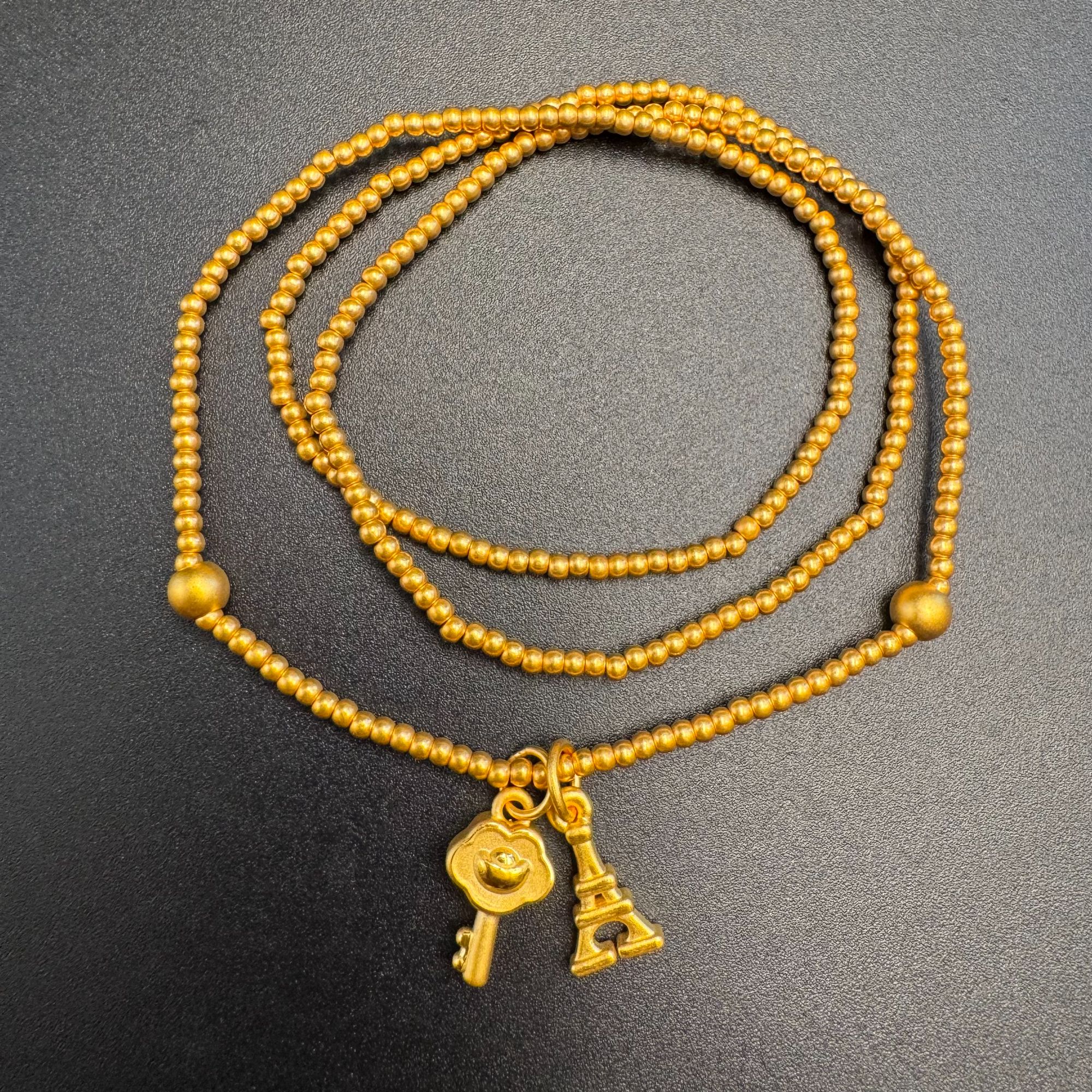 足金999 古法金珠金塔钥匙手串 三圈两用