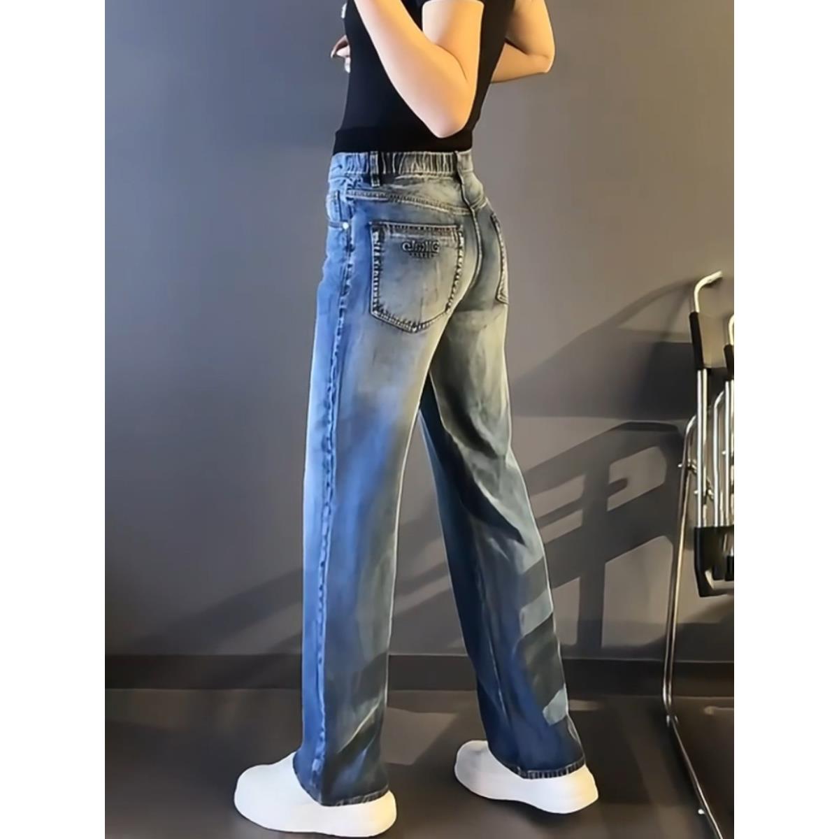 天丝男裤薄款大码男士秋冬新款蓝色牛仔裤阔腿休闲显瘦长裤子潮流