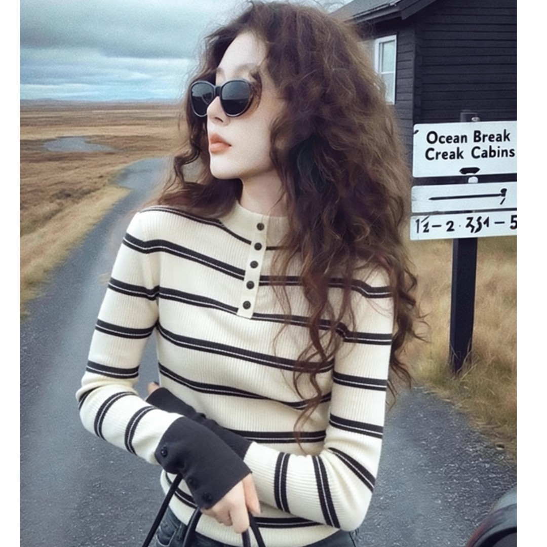 法式复古条纹半高领针织打底衫女秋冬修身显瘦内搭小众不撞款上衣