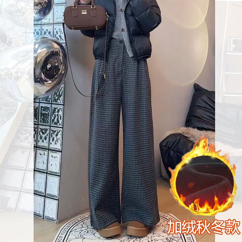 加绒韩版格子高腰垂感阔腿裤女秋冬2025年新款休闲时尚百搭直筒裤