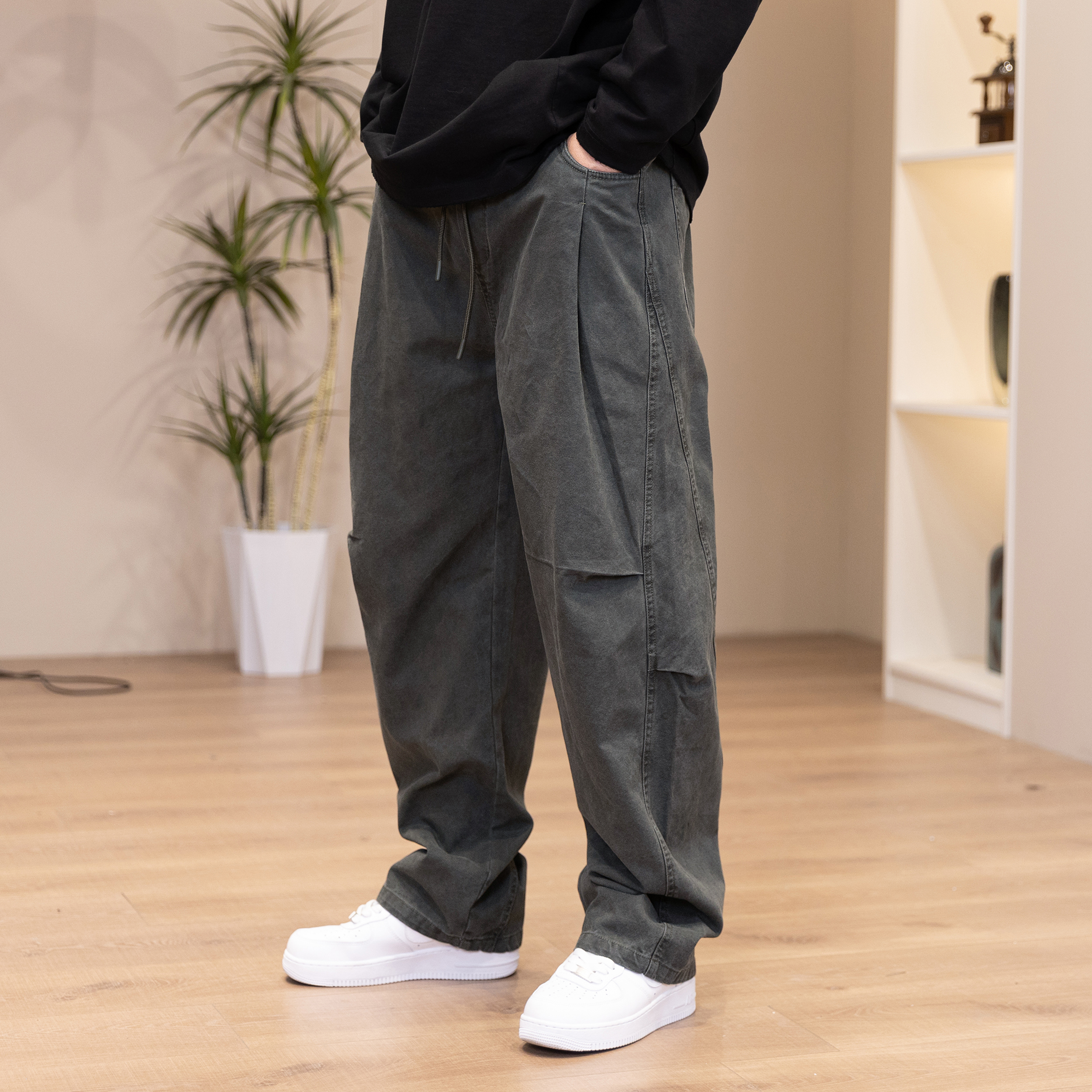 秋季宽松ins水洗直筒港风百搭工装弯刀裁剪男士休闲裤