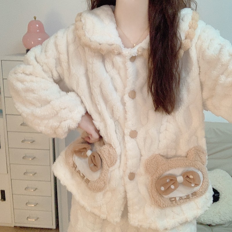 加绒加厚珊瑚绒睡衣女秋冬季新款蝴蝶结熊头法兰绒保暖家居服套装