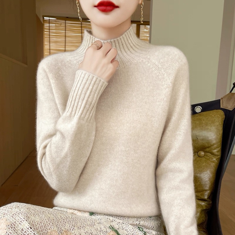 【一线成衣7针加厚】100羊毛3D针织全无缝半高领 长袖打底衫毛衣女