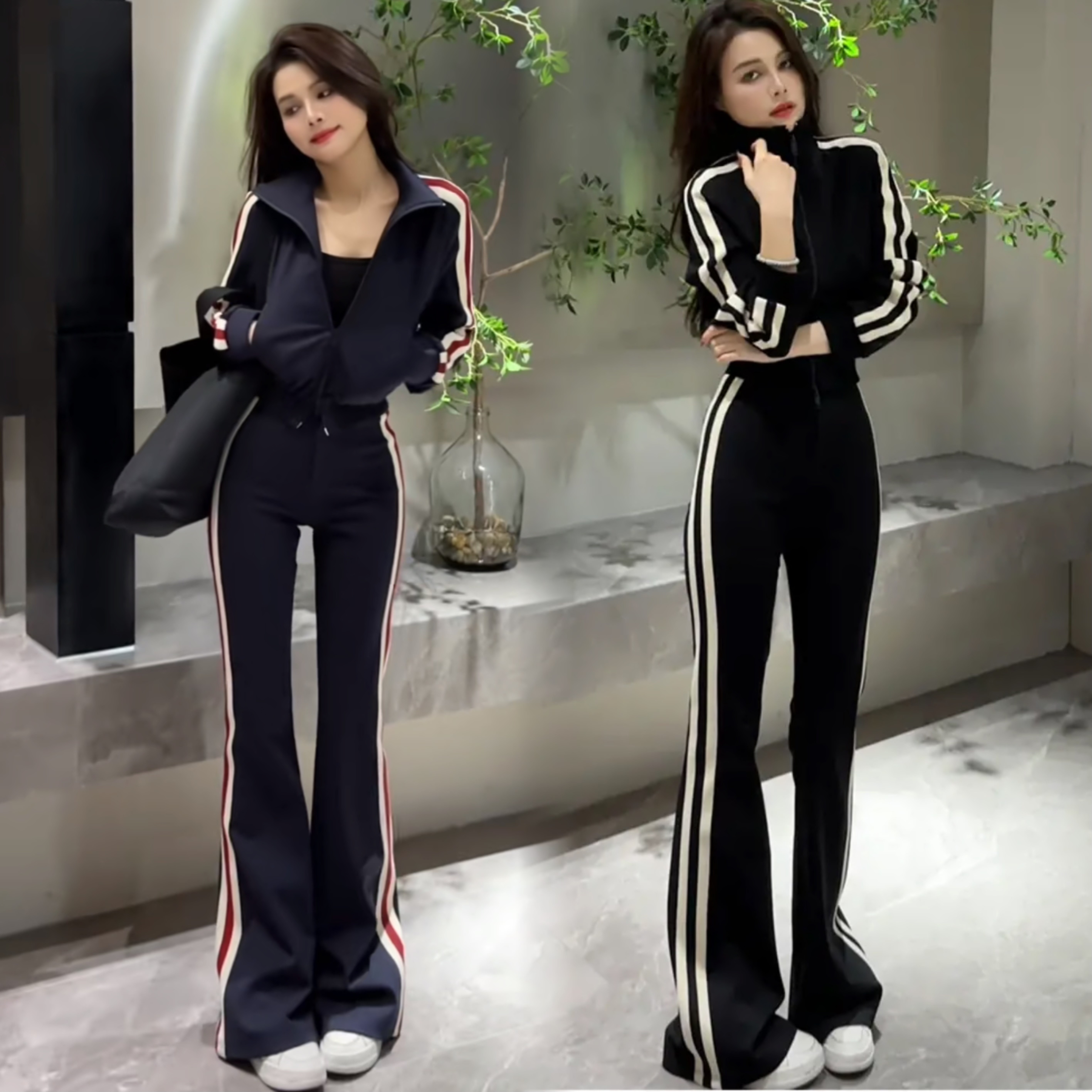 2025秋季新款休闲运动套装条纹拼接时尚修身显瘦拉链气质两件套