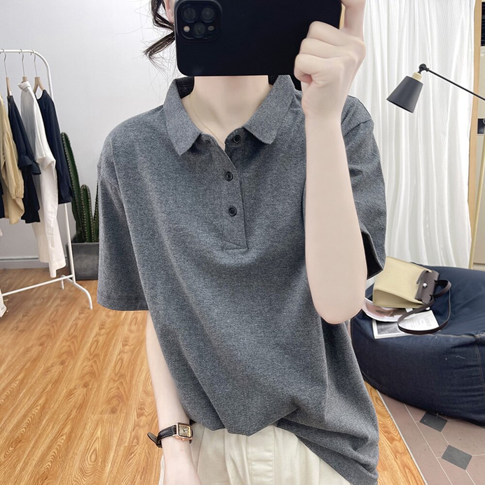 夏季新款韩系简约复古时尚纯色拼接Polo领宽松纯棉短袖T恤女百搭