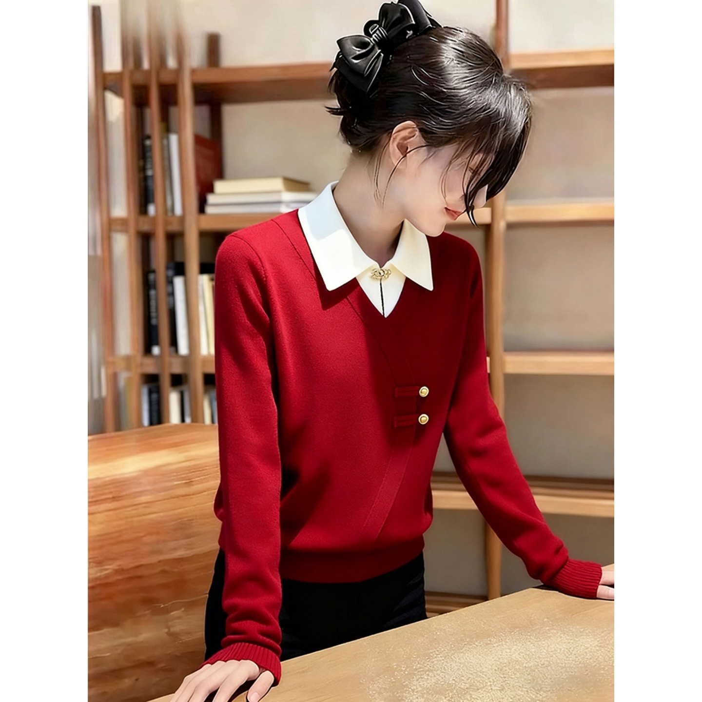 本命年圣诞新年红色假两件毛衣女冬巨好看设计感气质高端针织上衣