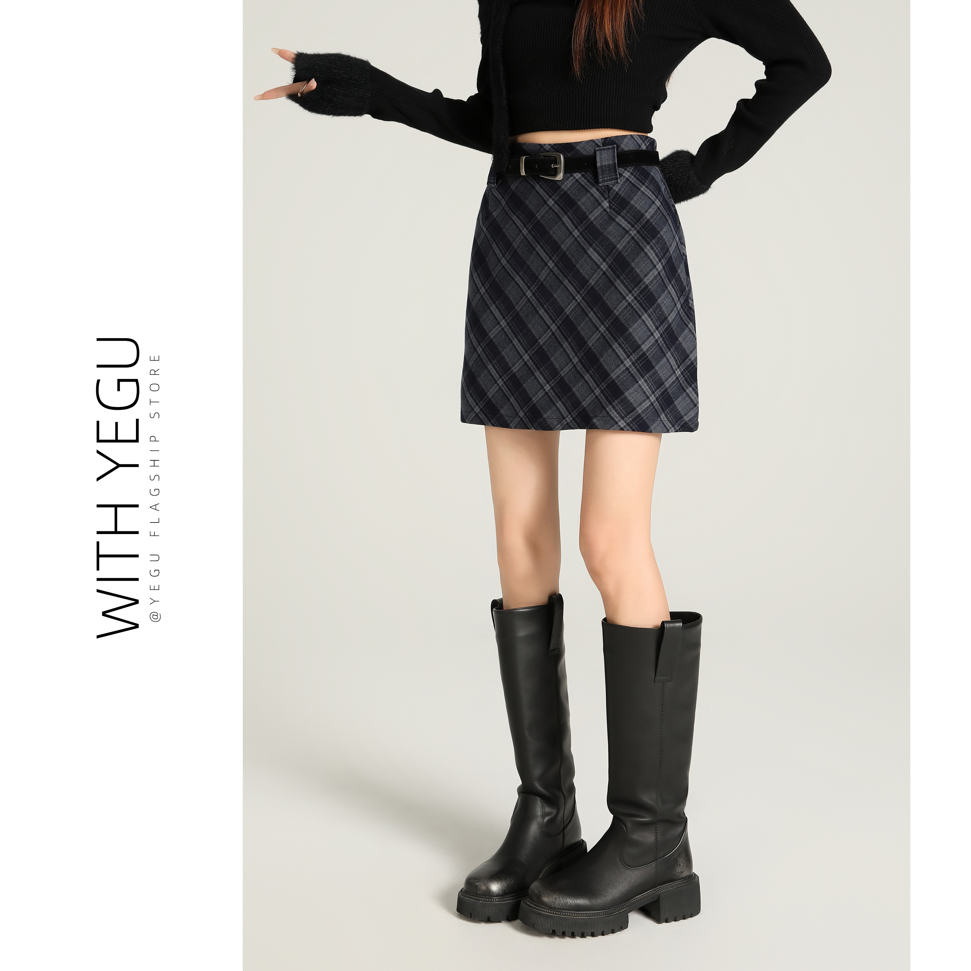 复古格纹a字短裙女秋冬新款高腰显瘦a字包臀裙小个子毛呢半身裙