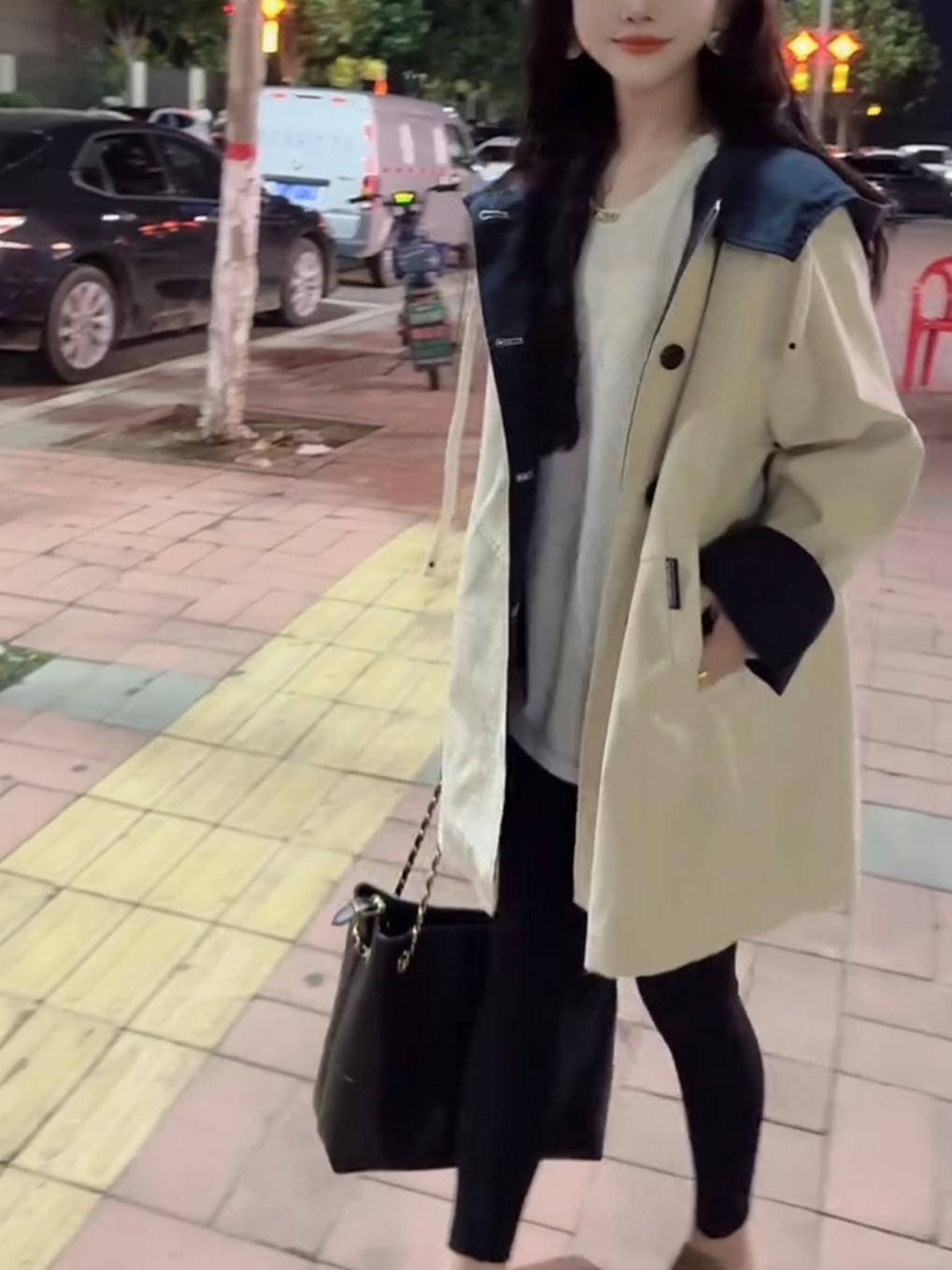 秋季新款时尚中长款连帽风衣女装撞色洋气减龄显瘦百搭气质外套