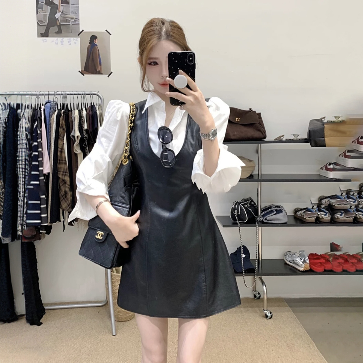 2025早秋网红时尚洋气新款百搭显瘦气质衬衫+舒适休闲风皮裙套装