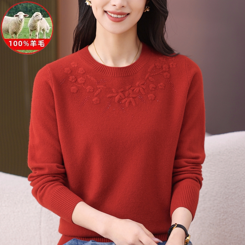 2025秋冬新款中年女士圆领100%绵羊毛时尚休闲针织纯羊毛妈妈毛衣