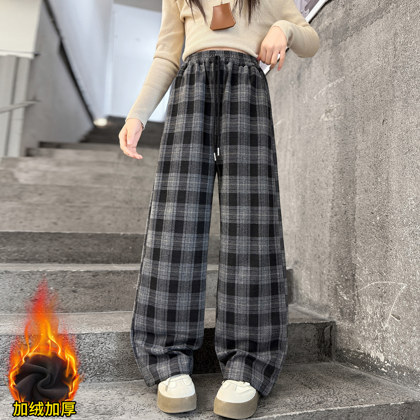 女童加绒裤子冬季2025新款中大童洋气时髦宽松儿童外穿加厚休闲裤