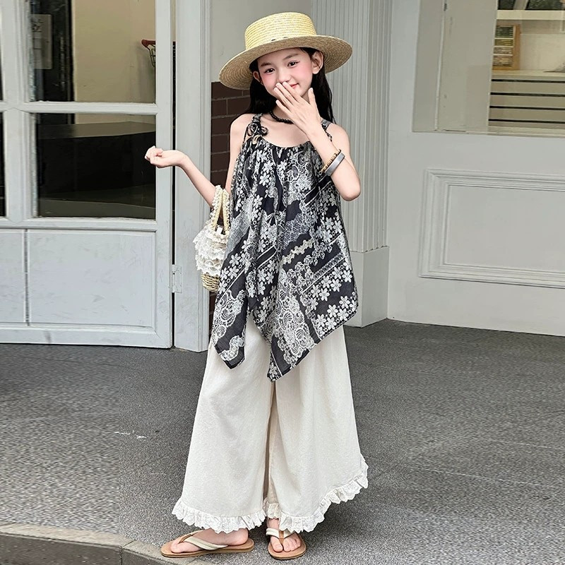 女童夏装2025新款儿童洋气时髦吊带套装大童女孩网红阔腿裤两件套