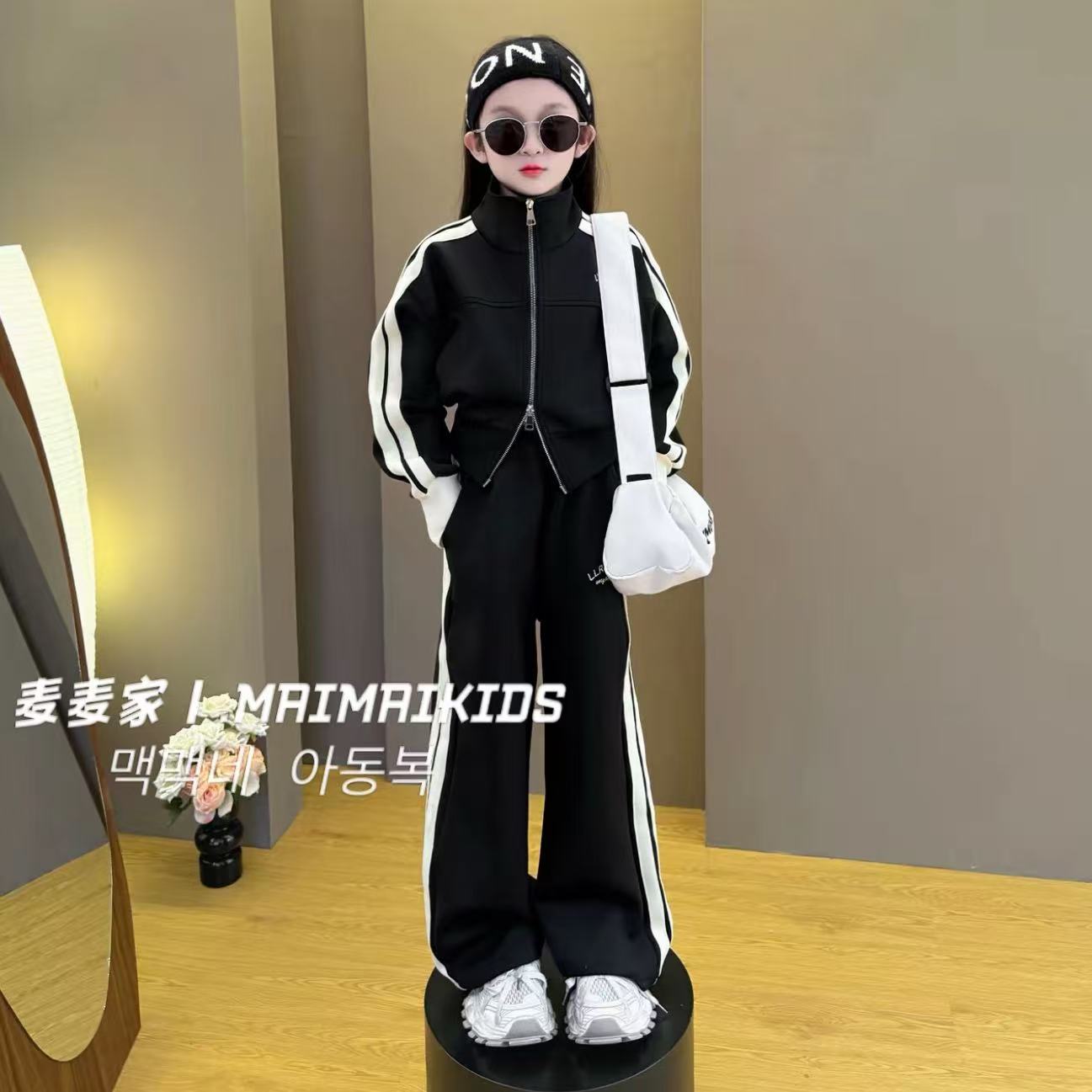 女童2025新款韩版宽松休闲潮流春秋季美式拼色条纹舒适运动套装潮