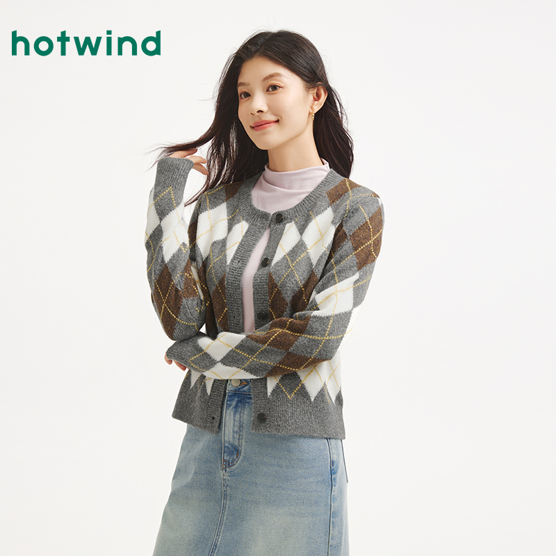 热风2025年冬季新款女士菱形格针织开衫F08W25410上衣秋季针织衫