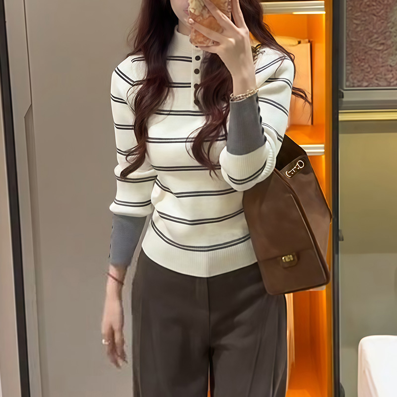 复古半高领条纹针织衫女2025秋季新款时尚毛衣修身长袖设计感上衣
