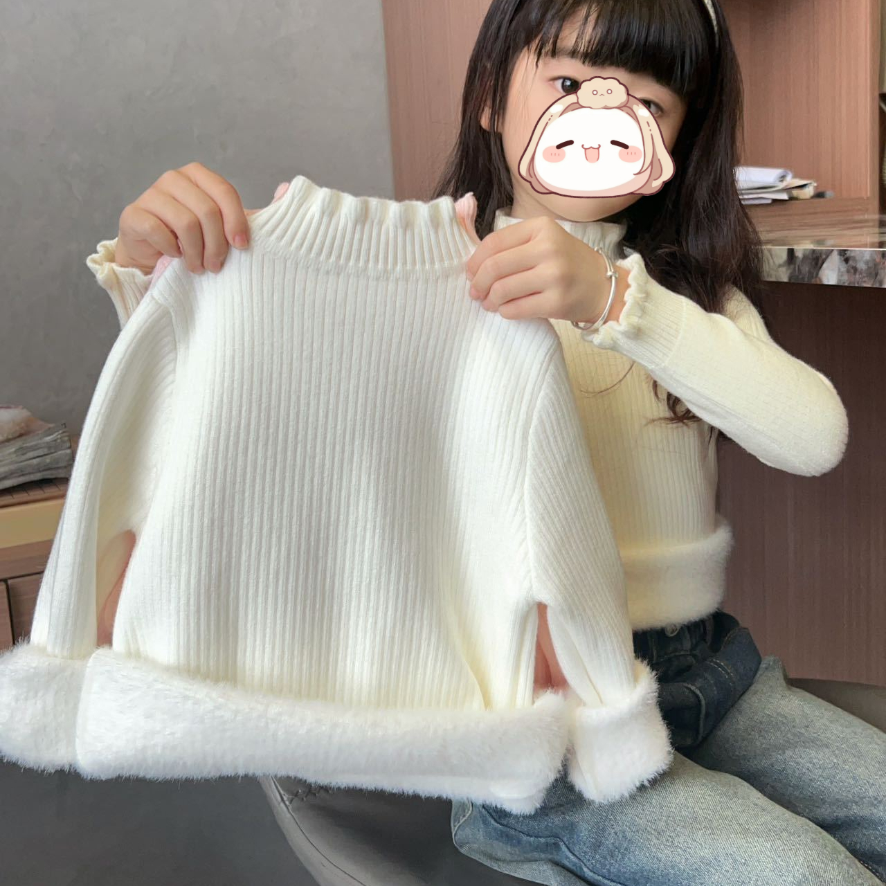 新款儿童一体绒毛衣加绒打底衫宝宝保暖童装秋冬上衣洋气女童白色