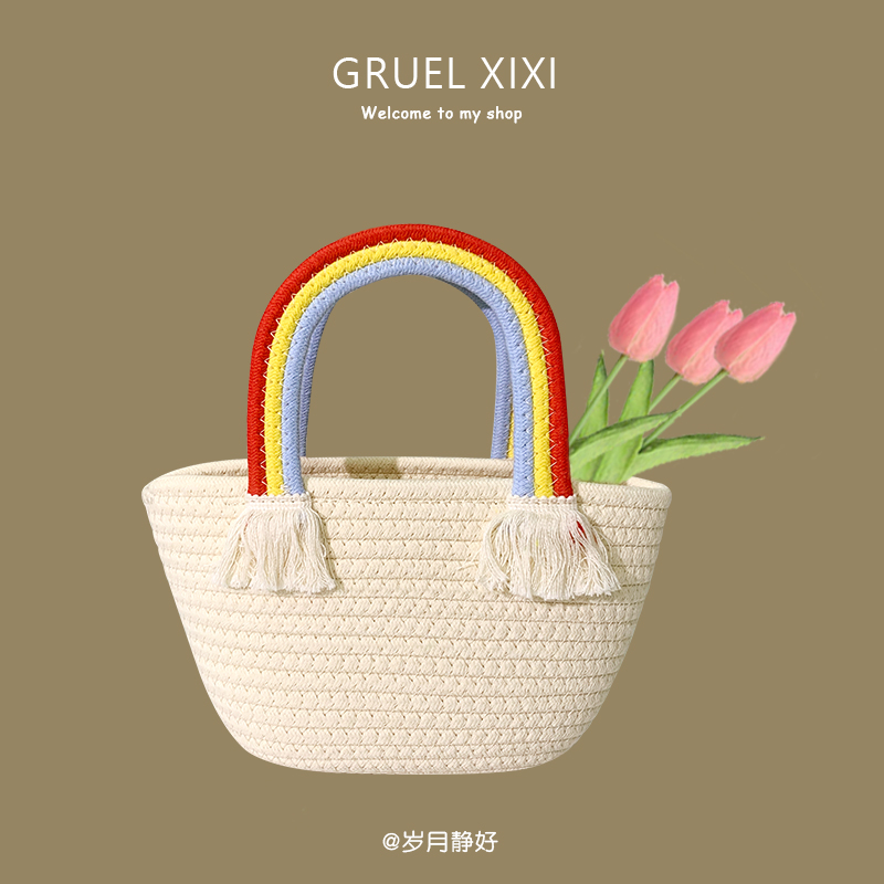 可爱彩虹手提小包包女新款手工棉线女包草编包百搭海边度假沙滩包