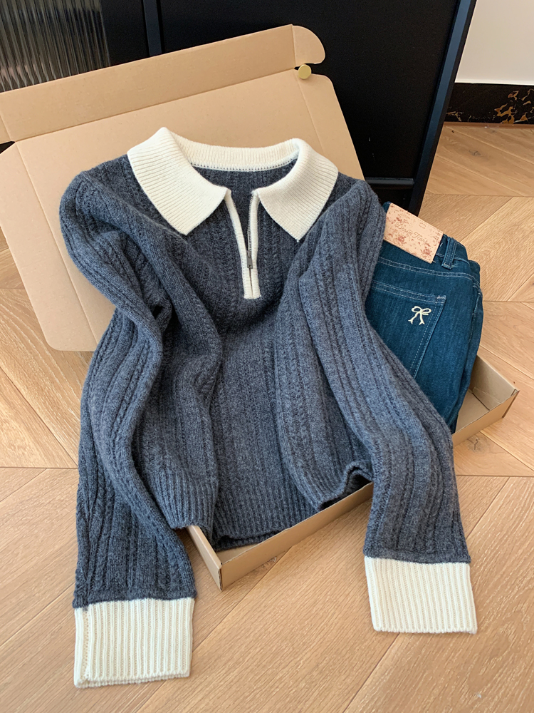 灰色polo领甜美风娃娃领长袖针织短款毛衣上衣女2025秋冬季新上衣