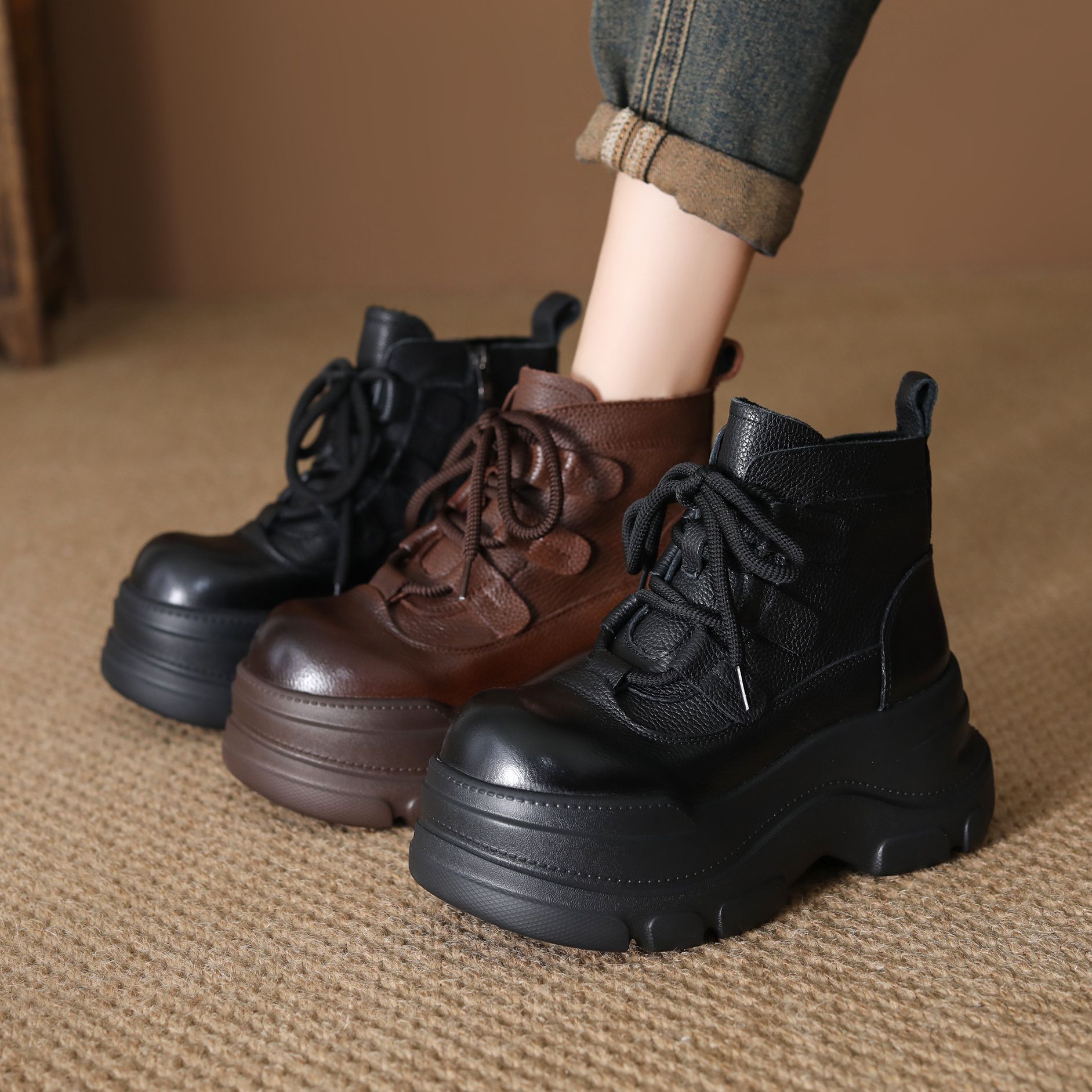 松糕厚底马丁靴女头层牛皮2025新款秋季增高机车短靴小个子真皮潮