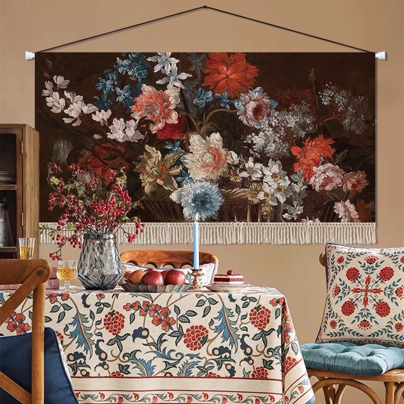 美式复古油画花卉挂毯客厅背景墙挂布墙面装饰卧室床头布艺挂画
