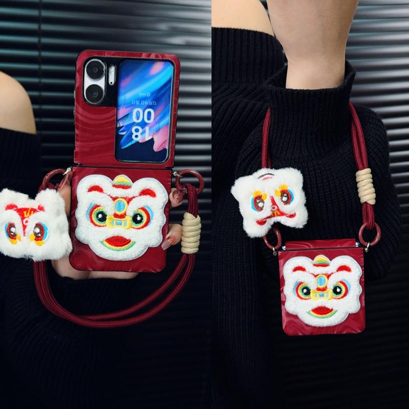 适用oppofindn2flip手机壳新款n2flip套oppo水波纹绒布刺绣醒狮女