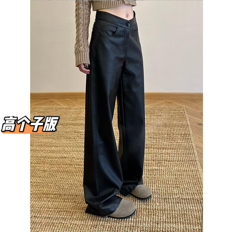 裤长109cm高个子加长180黑色PU皮裤女秋冬复古辣妹垂感直筒阔腿裤